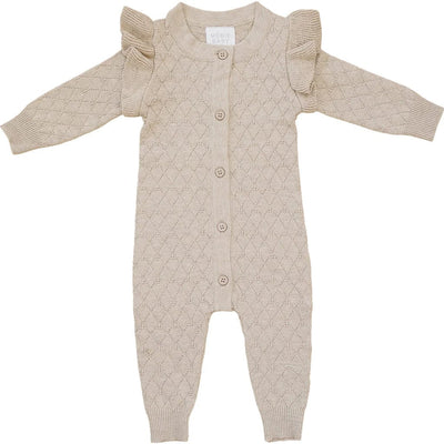 baby Luca Elle Dress Oatmeal Knit Ruffle Button Romper for sale from kelowna BC Canada
